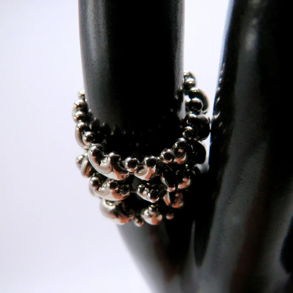 Silver Tone Beaded Mesh Stretch Statement Ring Industrial Modern Sculptural